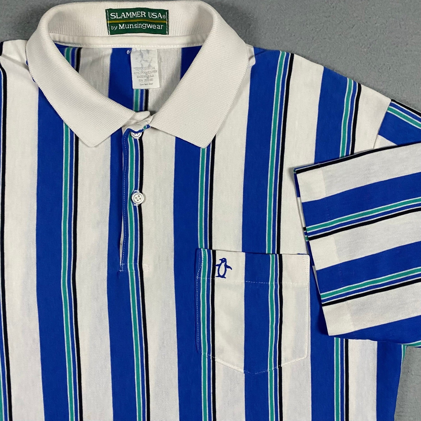 Slammer USA Munsingwear Polo Shirt Mens L Blue White Striped Vintage 90s