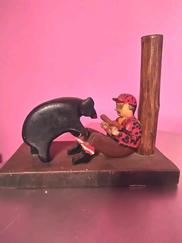 Vintage Hand carved Bear Hunter Folk Art Wood Carving