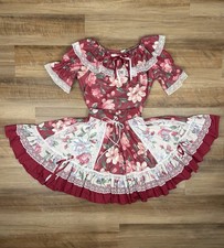 Vintage Square Dance Outfit 3 pc Skirt Set  Lace  Floral Tiered Ruffles