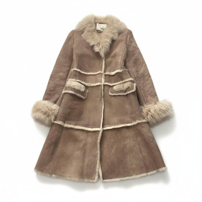 Korean Trend Beige Mouton Coat Fur Trim Long Warm Jacket Size M