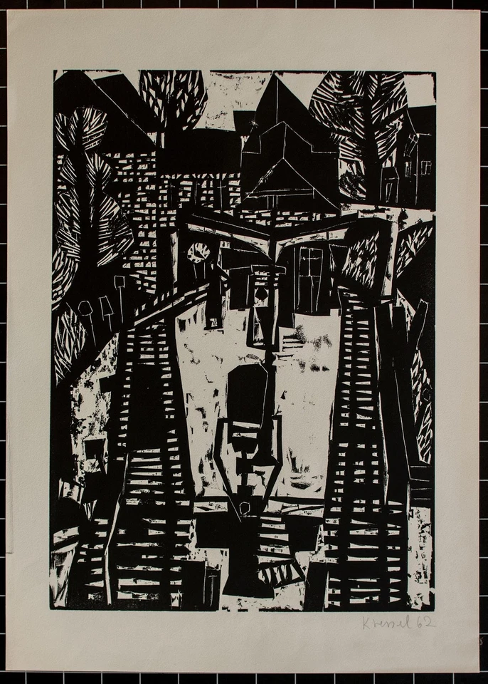 Diether Kressel Bahnhof Architektur Stadt signiert Holzschnitt 1962 - Bild 2 von 2