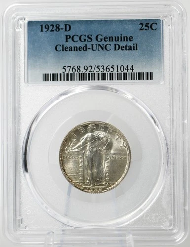 1928 D 25c Standing Liberty Cleaned UNC Detail PCGS Genuine