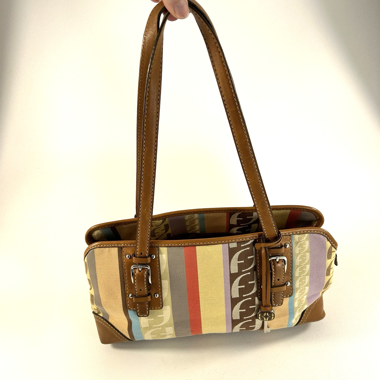Fossil Elegant Striped Patchwork Shoulder Bag Pur… - image 1