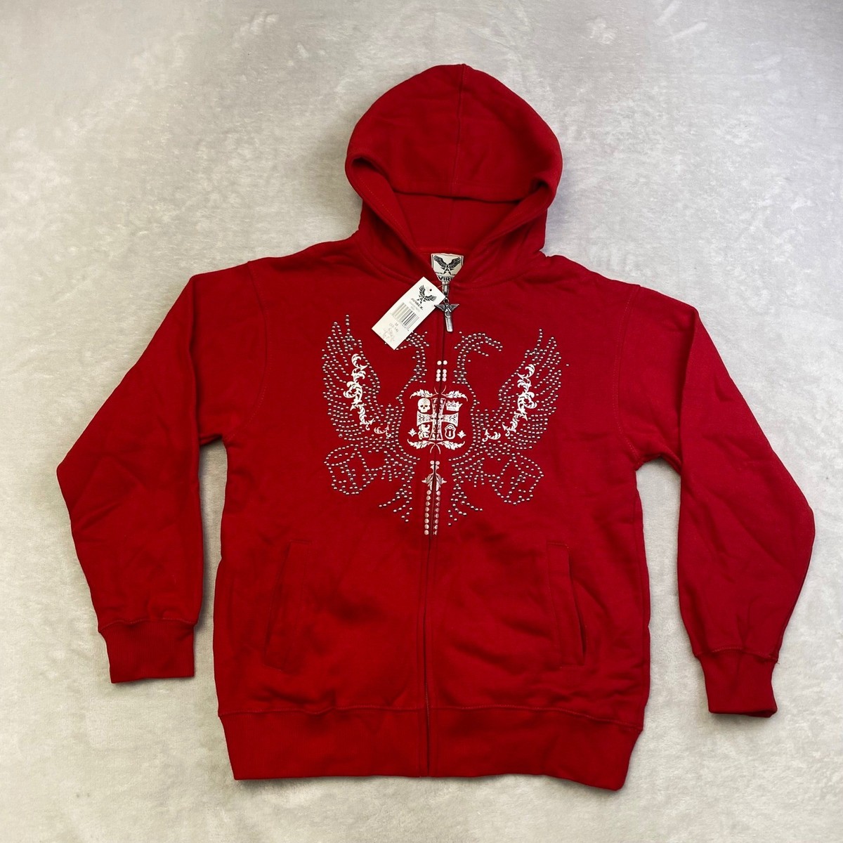 AVIREX Red Rhinestone Eagle Full Zip Hoodie Sweatshirt Kids Medium 