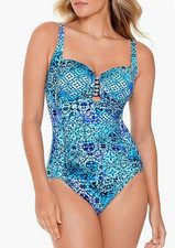 Swim Solutions Santorini Printed Beaded One Piece Swim Multicolor Size 14 8660