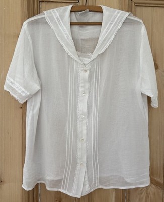 Vintage Laura Ashley Bluse weiß transparent Baumwolle Matrosenkragen Spitzendetails - UK 16