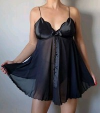 Vtg 90's Victoria's Secret Black Satin/Chiffon Babydoll Lingerie Night Dress M