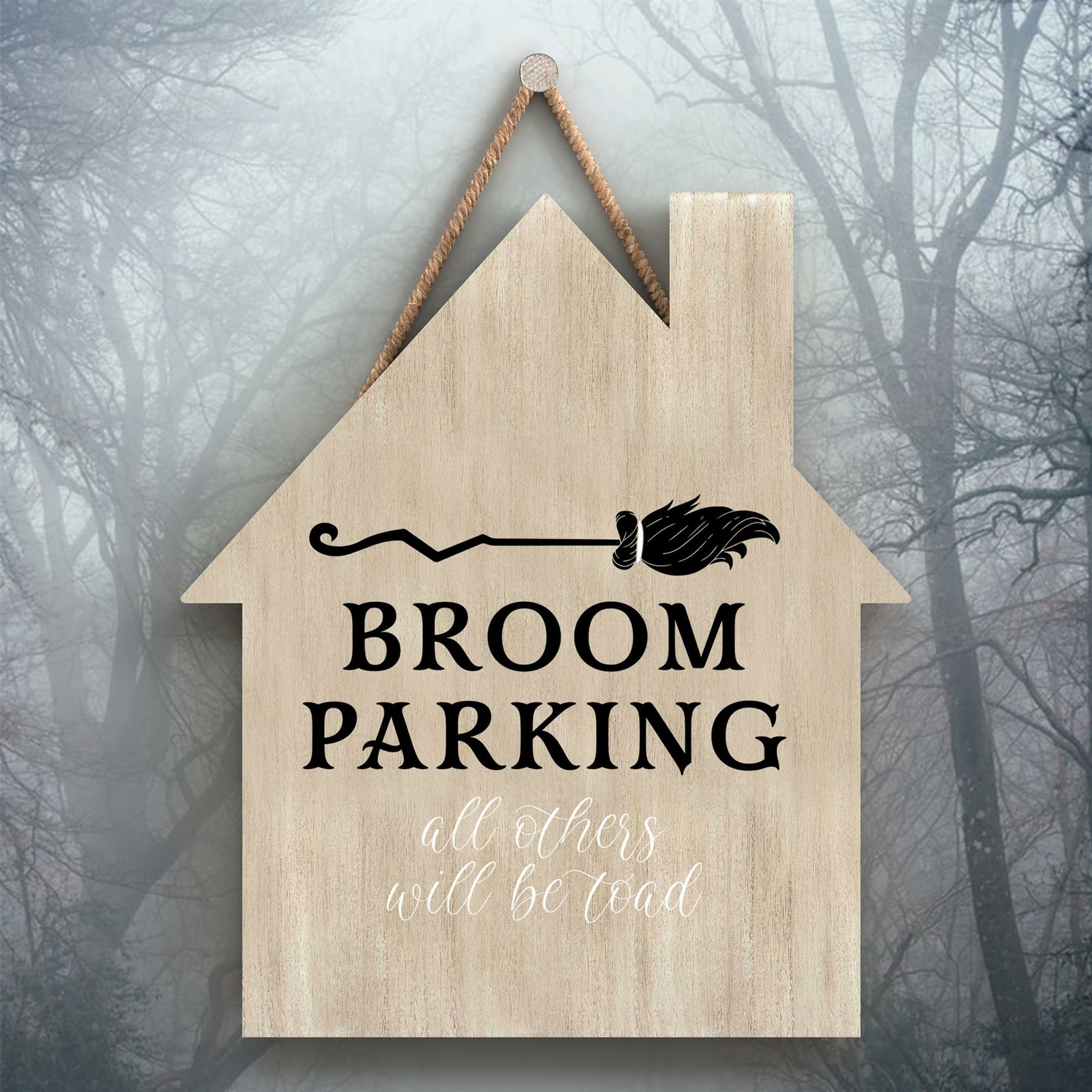 BROOM PARKING HOUSE SHAPED WITCHCRAFT THEMED HALLOWEEN WOODEN HANGING PLAQUE