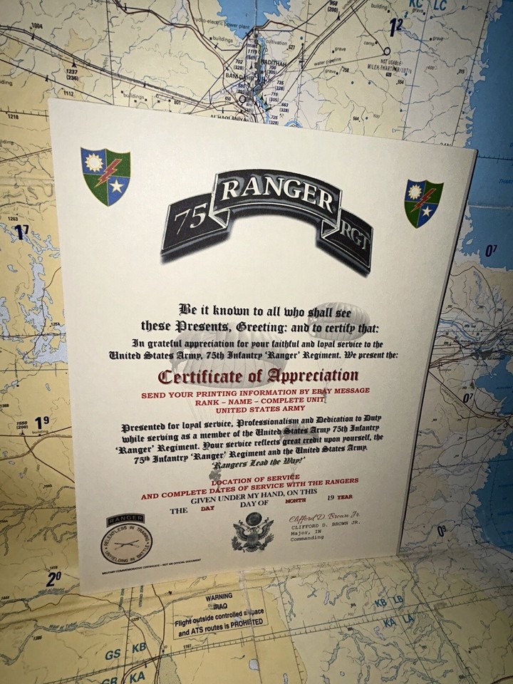 U.S. ARMY 75 RANGERS - 75TH RANGER REGIMENT / CERTIFICATE OF ...