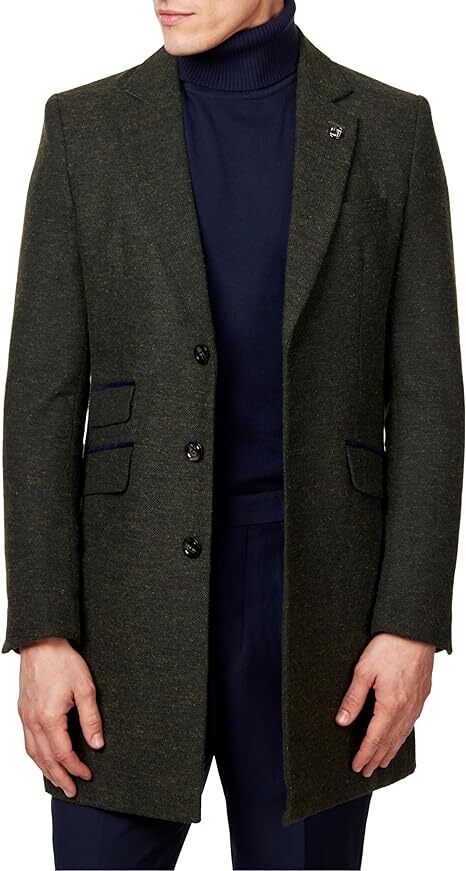 Men Tweed Long Overcoat Classic Wool Mix Tailored Fit Mid Length 3/4 Coat  Jacket