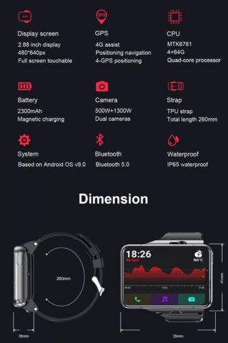 SMART WATCH 4+64GB 2.88" Touch Screen 4G Android 9.0 WristWatch 2 Cameras & GPS - Picture 9 of 13