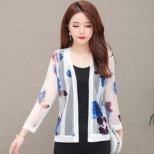 Women Printing Cardigan Sheer Mesh Cropped Top 3/4 Sleeve Wrap Coat Shawl