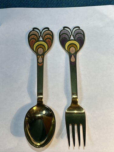 1972 A. Michelsen Gold Wash Denmark Sterling Silver Christmas Fork & Spoon Set