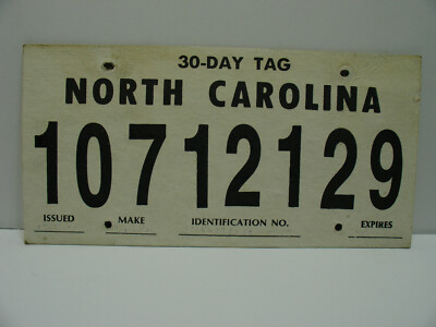 1963 North Carolina License Plate 30 DAY TAG Cardboard Vintage 