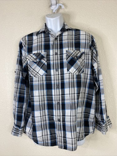 Beverly Hills Polo Club Men Size M Gray Plaid Button Up Shirt Long Sleeve