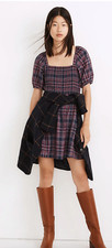 Madewell  Lucie Puff-Sleeve Smocked Mini Dress in Rockfern Plaid Sz S