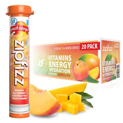 Zipfizz Peach Mango Energy Drink Powder Pack of 20 Sugar Free Hydration Sticks