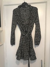 Pretty Little Thing Size 10 Polka Dot B&W Wrap Frilled Dress VGC