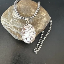 Crazy Wild Horse Turquoise Pendant Navajo Pearls Sterling Silver Necklace 15720