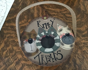 Basket Handpainted "Kitty Treats" Attached Lid with Leather Strap and Fastener 