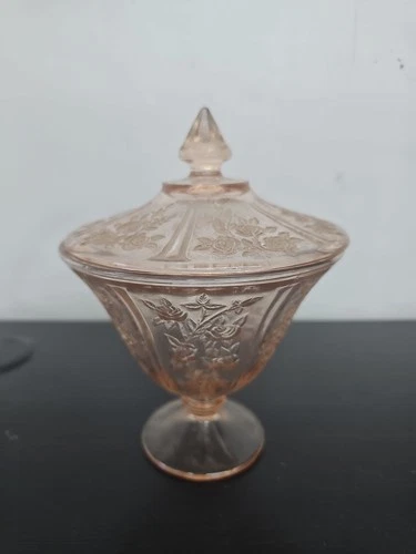 Pink Depression Glass Cabbage Rose Candy Dish  With Lid