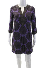 Tory Burch Women's Long Sleeves Floral Mini Dress Purple Black Size 2