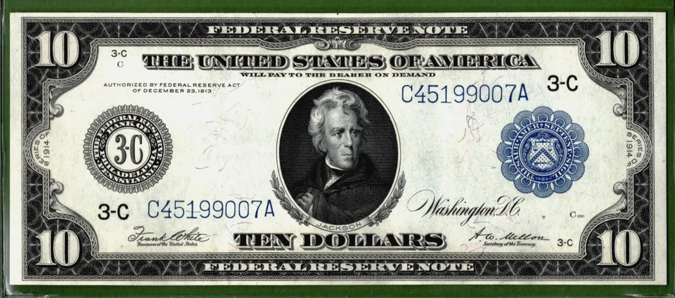 1914💲10  💵  FEDERAL RESERVE NOTE  💵   PHILADELPHIA 💲PCGS  55 - Image 3 of 4