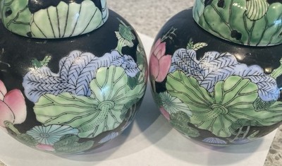 Pair Of Noire Porcelain Vintage Ginger Jars With Lotus Motif