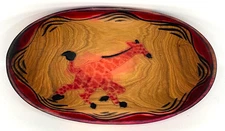 African Wood  Oval Giraffe Bowl Hand Painted Made in Kenya Decorative Folk Art