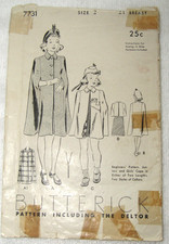 1921 BUTTERICK SEWING PATTERN GIRLS CAPE IN TWO LENGTHS SIZE 2 BUST 21 COMP