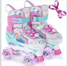 BELEEV Kids Roller Skates for Girls, 4-Size Adjustable Quad Skates with 8 Light-