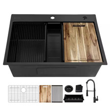 33 In. Drop-In Single Bowl 18-Gauge Black Stainless Steel Workstation Kitchen Si