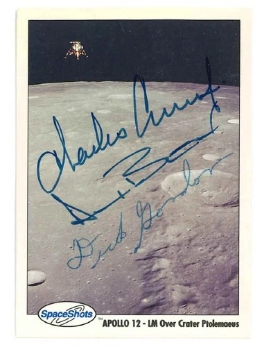 Apollo 12 Multi-Signed Card with Autographs of Bean, Conrad and Gordon over moon
