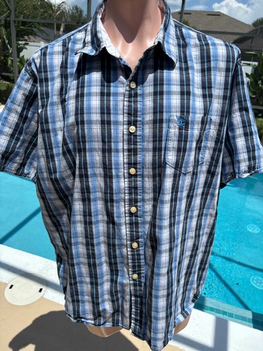Timberland, Vintage Timberland Blue Plaid Shirt Short Sleeve Button Mens size XXL
