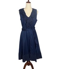 Jones New York Navy Blue Eyelet Ruffle Sleeveless Midi Dress Retro Feminine Sz 6