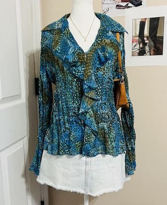 Vintage Blue Green Brown Animal Print Ruffle Chiffon Bell Sleeve Blouse Size S 
