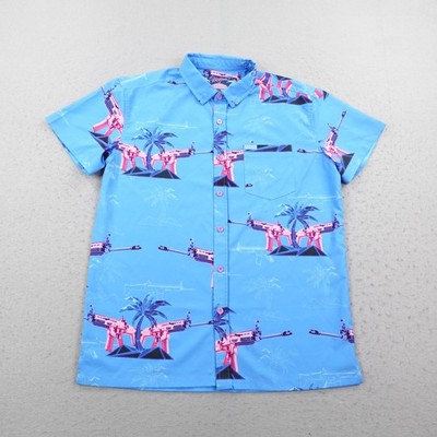 Retro Rifle Shirt Mens Large Blue Palm Machine Gun Performance Button Up Party