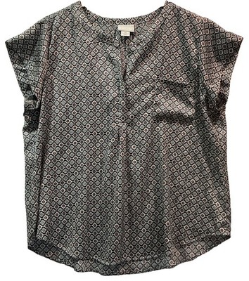 Liz Claiborne Top Blouse Blue White XXL Geometric Cap Sleeve (2 Buttons) Career