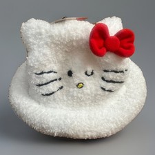 Hello Kitty Plush Fuzzy Bucket Hat White Sherpa Sanrio Red Bow Cozy One Size NWT