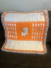 Handmade Crib Quilt Orange/White Duck Theme Embroidered Lace Trim
