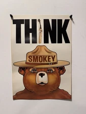 Smokey Bear ORIGINAL 1974 THINK - US Forest Service Vintage Poster  18.5 x 13”