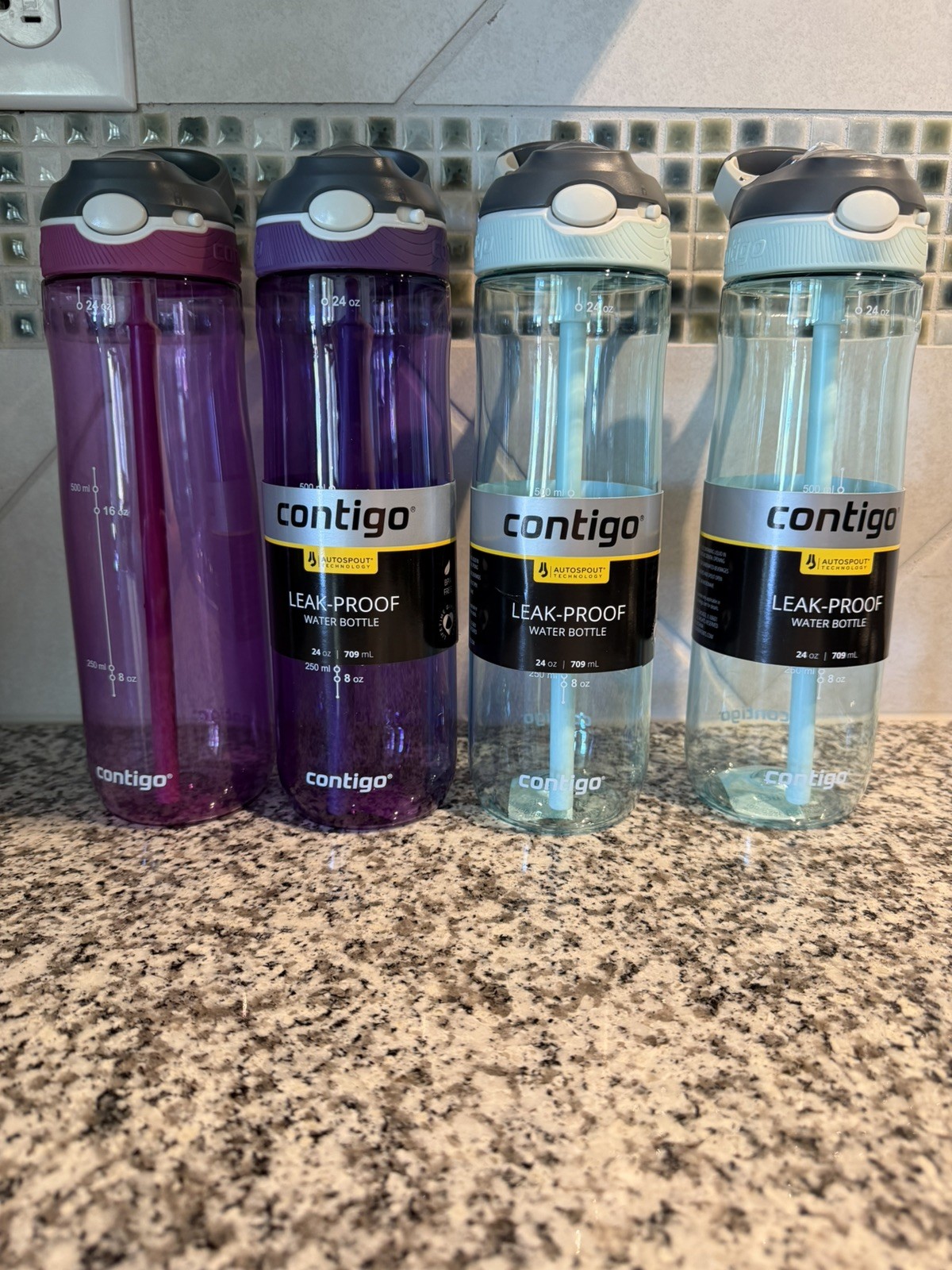 24 Oz Blue / Purple / Magenta Reusable Autoseal W/ Straw