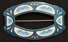Antique Art Noveau Silver Enameled Sash Pin with Hand Painted Forget Me Nots