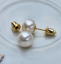 Natural 7.9-8.3mm Pearl Earring 14K Gold Plated 925 Sterling Silver Bullet Back
