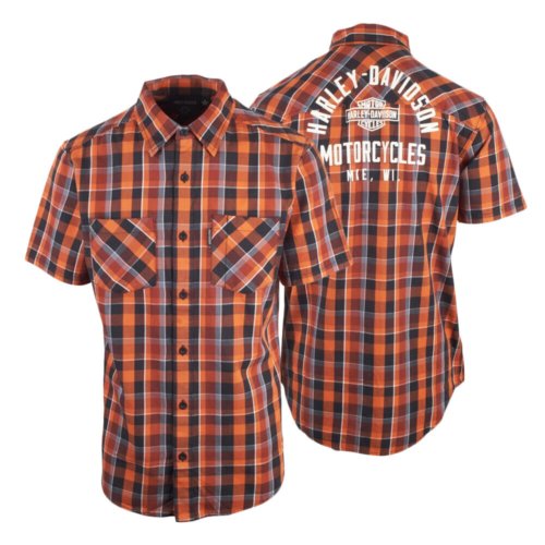 Harley-Davidson Men's Orange Black Plaid MKE S/S Woven Shirt (S45) - Afbeelding 1 van 7