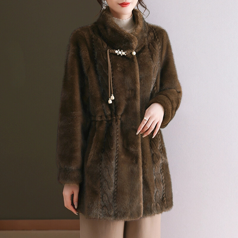 Stand Collar Middle Aged Womens Mid Long Faux Mink Fur Outwear