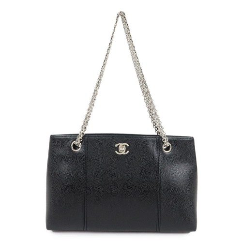 Authentic CHANEL Caviar Skin Chain Tote Bag Black Silver Hardware Used F/S