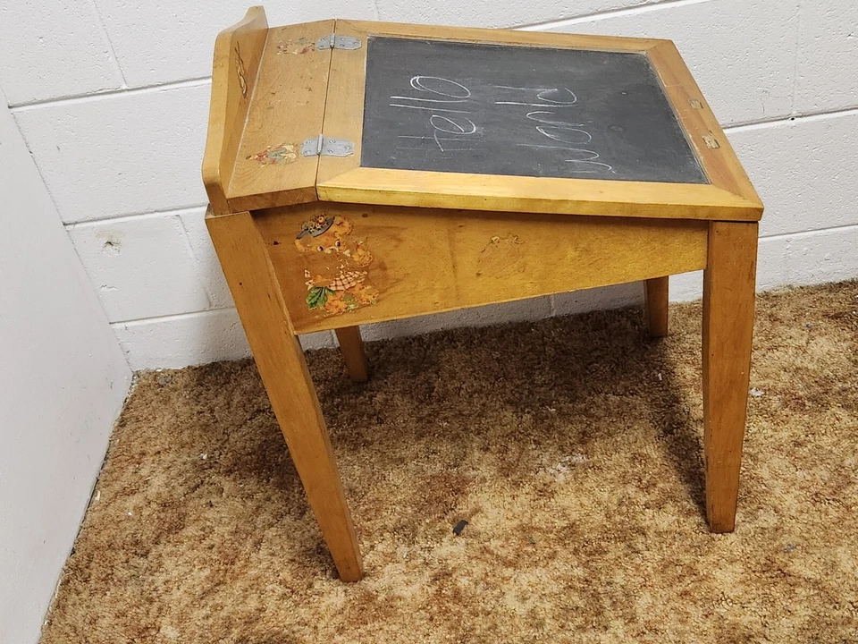 Kids School Desk Chalkboard Top Toy Box Storage Hinged Lid Homeschool Wood Vtg - Image 3 of 4