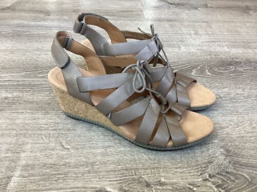 Clarks Womens Helio Mindin Size 11 M Sandals Wedge Lace Up Gladiator Taupe