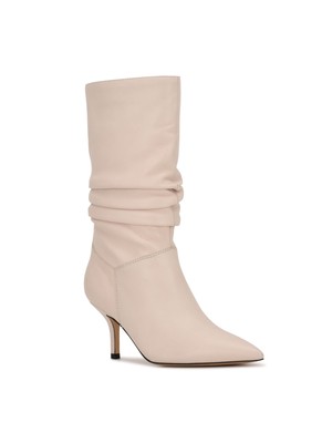NINE WEST Womens Ivory Ruched Mycki Pointy Toe Stiletto Leather Boots 6.5 M